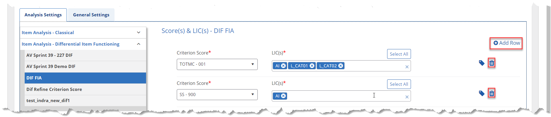 DIF Test Settings Additional Scores